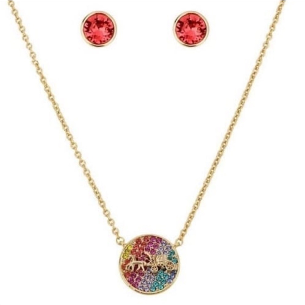 COACH Horse Carriage Swarovski Crystal Necklace & Stud Earrings Set